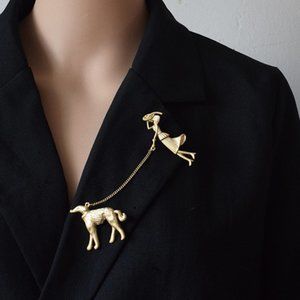 Brooch / Lapel Pin ~ Walking The Dog ~ Gold